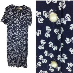 Vintage 90s Navy Blue Bow Short Sleeve Maxi Dress